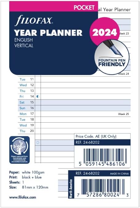 FILOFAX Calendar Insert Pocket Year Planner Vertical (E)2024 - down 10.00% (£0.33) to £2.97 from £3.30