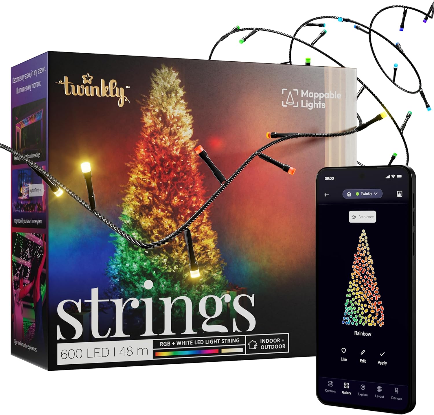 Twinkly Strings 600 LED RGB+ W...le Home, IP44, Black Wire, 48m - down 31.43% (£63.48) to £138.50 from £201.98