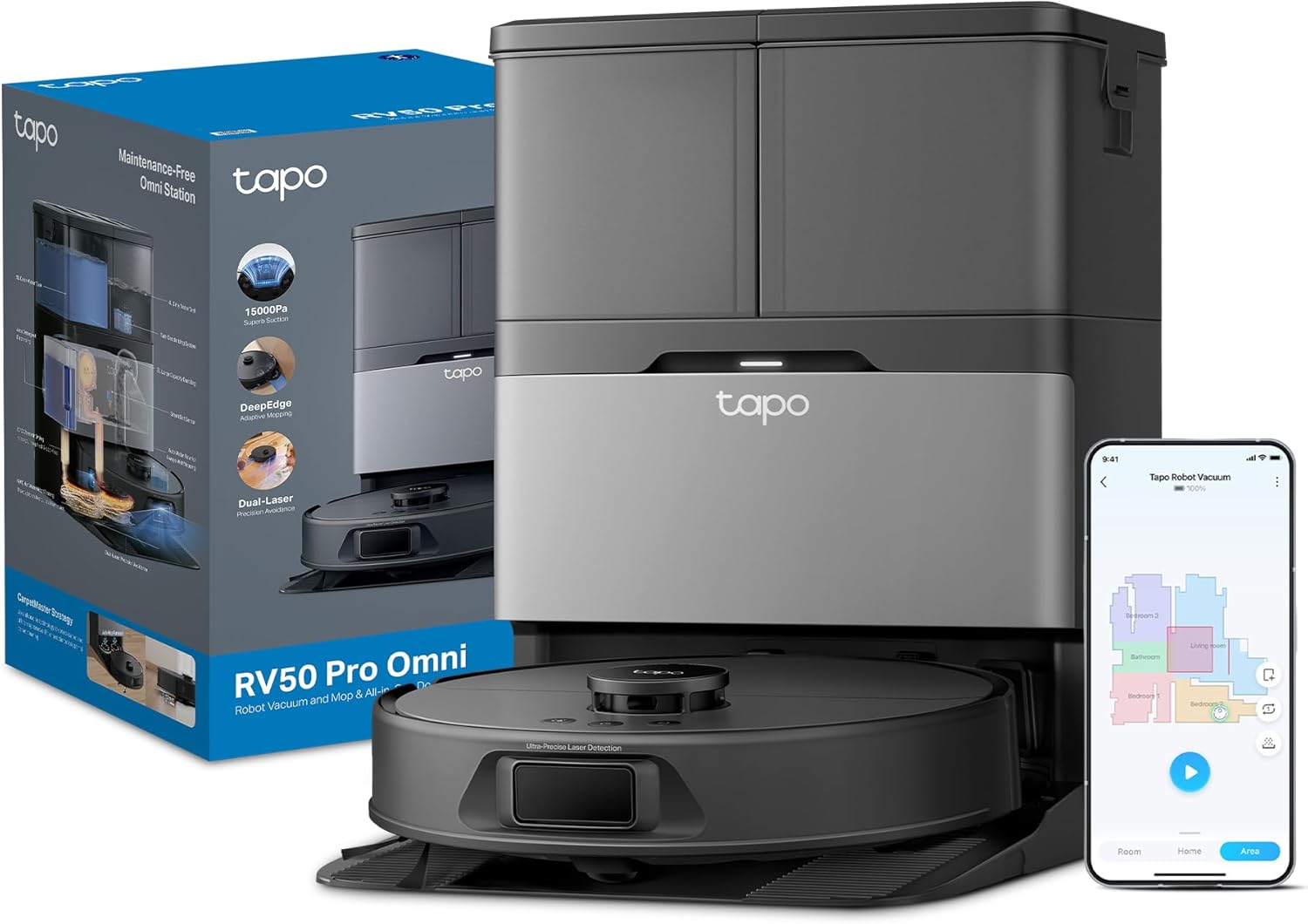 Tapo RV50 Pro Omni 15000Pa Suction Robot Vacuum Cleaner with Mop, All-in-One Dock(60°C Hot Water Wash/Dry), Auto Mop Removal & Hair Cutting Brush, DeepEdge Cleaning, Dual-Laser, Robot Hoover, Alexa