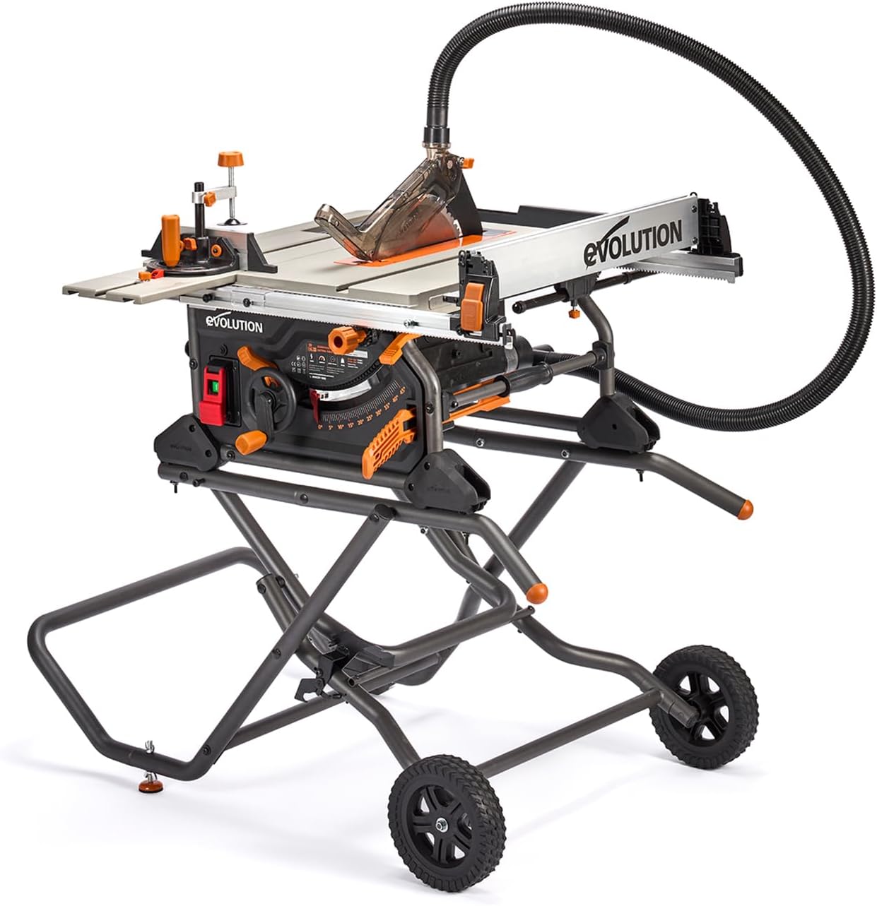Evolution Power Tools R255TBLX+ Table Saw With Stand (Next Gen Rage 5-S) Multi-Material Cutting Blade Included Cuts Wood Metal Plastic, 45˚ Bevel, +/- 60˚ Mitre Angle, 85mm Cut Depth, 1800w Motor 240v