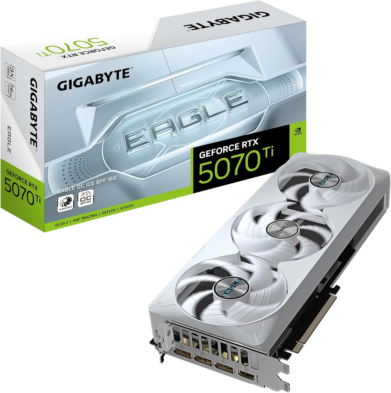 Gigabyte GeForce RTX 5070 Ti EAGLE OC ICE SFF 16G Graphics Card - 16GB GDDR7, 256bit, PCI-E 5.0, 2542 MHz Core Clock, 3 x DP 2.1a, 1 x HDMI 2.1b, NVIDIA DLSS 4, GV-N507TEAGLEOC ICE-16GD