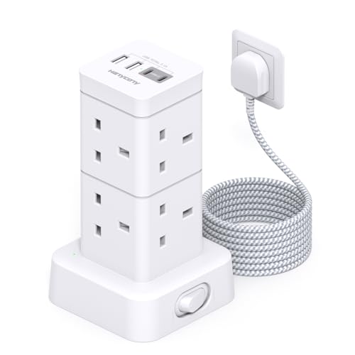 Tower Extension Lead 5M, 8 AC Outlets Multi Plug Power Strip[13A 3250W], Surge Protector Extension Lead with Switch, Extension Cable with 2 USB C Slots for Home, Office, Desk Accessories, Kitchen