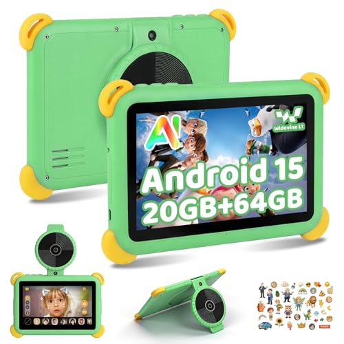 Ainmel Kids Tablet 7 inch Android 15 Tablet for Kids, 20GB+64GB (TF 1TB), Android Tablet with Parental Control, AI Dual Cam & Learning, WiFi 6/BT 5.3, Widevine L1,Tablet with Protective Case - Green