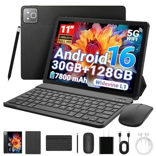 MUISOO Android 16 Tablet, 11 inch Tablet with Keyboard Mouse Pen Case, 30GB RAM 128GB ROM(1TB TF Expand), 7800mAh, WiFi 6, BT5.4, Dual Camera, 2 in 1 Tablets Bundle Pad PC for Work Study