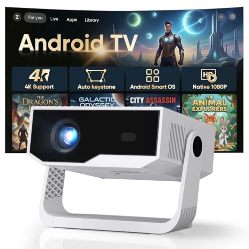 2026 Smart Projector Built-in-Apps, Android TV, Supported 4K/Native 1080P, 20000 Lumens, Wifi 6 Bluetooth 5.2, Portable Mini Movie Projector for Bedroom Home, Auto Keystone, iOS/Switch/PS5