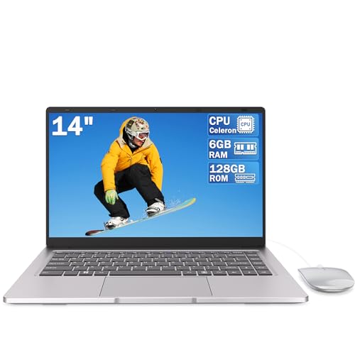 LEEDOW 14" Laptop with Celeron N4000, 6GB RAM 128GB SSD Portable Laptop PC, Lightweight Student Notebook, Fast Dual-Band WiFi, Bluetooth 5.0, Mini HDMI Silver