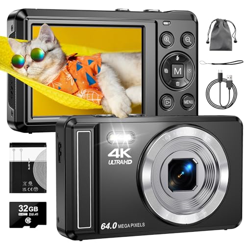 ZMOQNG Digital Camera 4K 64MP Autofocus with 32GB SD Card, 2.8" Screen Compact Vlogging Camera with 1200 mAh Battery, for Teens Students Beginners
