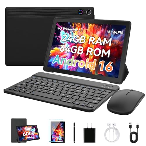 MUISOO Tablets 10 inch Tablet Android 16,24GB RAM 64GB ROM 1TB Expand,5G WiFi 6,1280 x 800 HD/Dual 5MP+8MP Camere,Android Tablet with Keyboard, Mouse, Case Black
