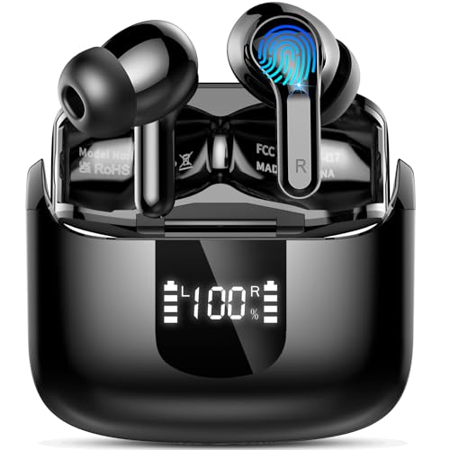 Ordtop Wireless Earbuds, 2026 Bluetooth 5.4 Headphones in Ear, 50+Hrs 6D-Stereo Deep Bass Ear buds, 4 ENC Noise Cancelling Mic Earphones Sport, IP-X7 Waterproof USB-C Headset for Android iOS, Black