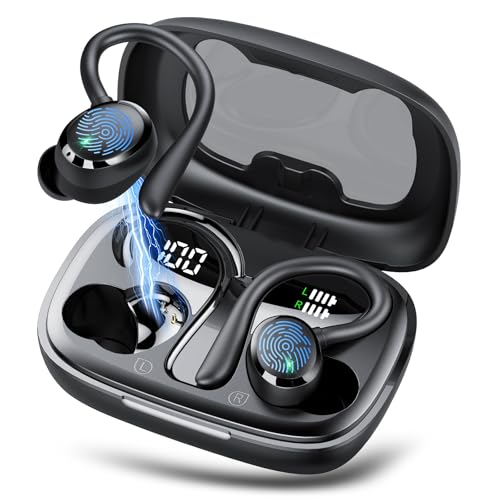 KT1 Ear buds Wireless Earbuds, Bluetooth 5.3 Headphones 2026 Wireless Headphones with Earhook, Deep Bass, Dual LED Display, 4 ENC Noise Cancelling Mic, IPX7 Waterproof, 72Hrs Playtime, Pure Black