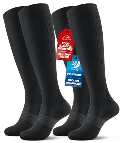 PULIOU Cooling Compression Socks for Women and Men, 20–30 mmHg Graduated Compression, Circulation Knee High Flight Socks for Flying, Travel, Sport, Nurses, 2 Pairs, Black S-M