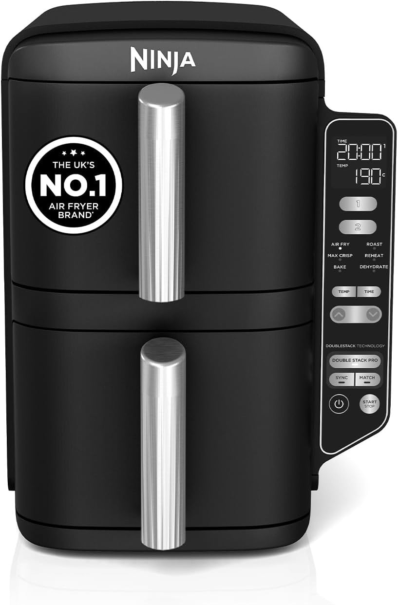 Ninja Double Stack Air Fryer, Vertical Dual Drawer Air Fryer with 4 cooking levels, 2 Drawers and 2 Racks, Space Saving Design, 7.6L Capacity, 6 Cooking Functions, 6 Portions, Black SL300UK