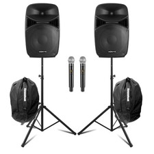 Vonyx VPS152A 15" Active PA DJ Speakers with Wireless Microphones, Stands & Bags