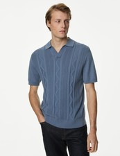 M&S Mens Cotton Short sleeved Knitted Collar Polo Top in Air Force Blue