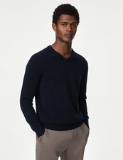 M&S - Autograph Mens Navy Cashmere V-Neck Long sleeved Jumper