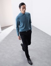 Marks & Spencer Mens Merino Long sleeved Knitted Collar Polo Top in Dusty Blue