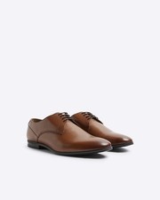 River Island Mens Derby Shoes Brown Leather Wide Fit Round Toe Lace Up