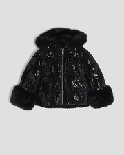 River Island Girls Puffer Coat Black Sequin Padded Zip Hooded Outerwear Top