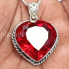 Natural 93 Ct Red Ruby | Heart Cut Pendant 925 Sterling Silver Necklace 6GGJ