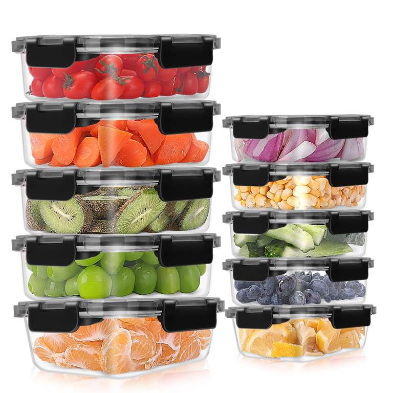 10 Pack Glass Meal Prep Food Containers, Airtight, Stackable Set with Lids, BPA-Free, Black / Colours £27.98 - Sold by yubb / FBA