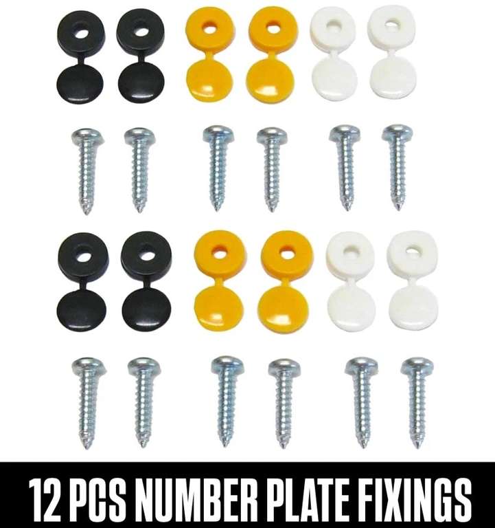 12 x Number Plate Car Fixing Fitting Kit Screws & Caps, Hinged, Black Yellow White - Discount at Checkout - Sold by STM STYLING