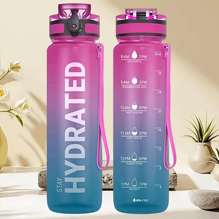 32oz Water Bottle with Time Marker, Leakproof, BPA Free, Red+Blue / W/Code (Prime Only) - Sold by Amazon Haul - £15 Spend for Free Delivery