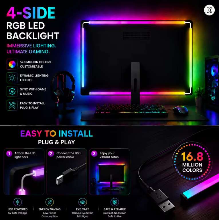 360° 4-Side PC Monitor Backlight - RGBIC Screen Mirror Sync & Music Rhythm LED Strip - Zero Lag Reactive Lights - Sold by WACUAAO Store