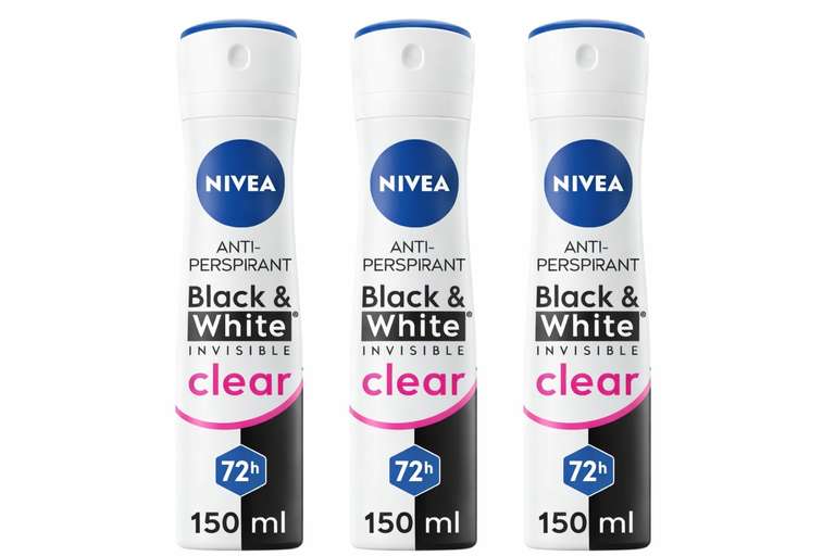 3 × NIVEA Black & White Invisible Anti-Perspirant Deodorant Spray 150ml – £2.20 with Subscribe & Save