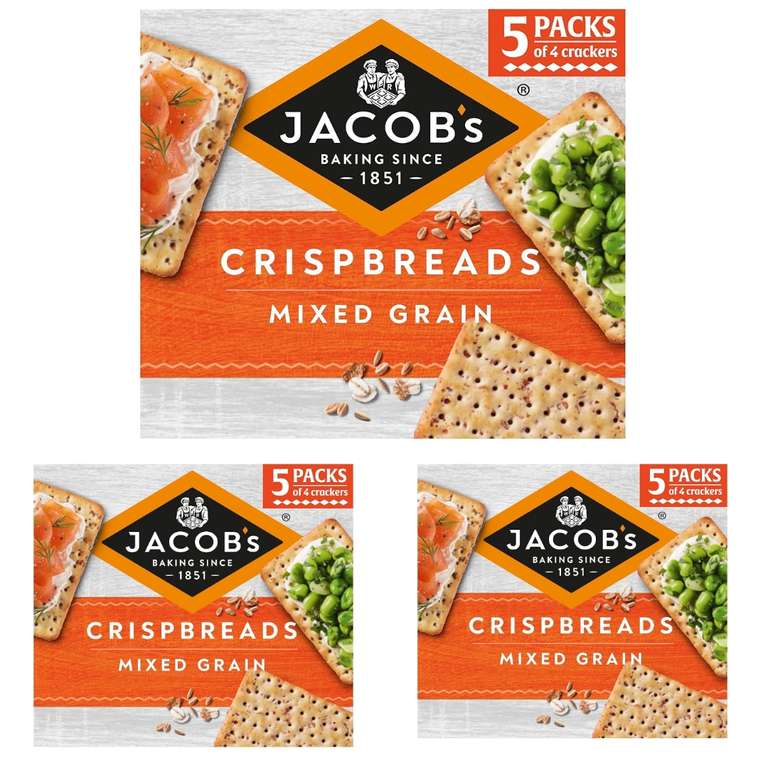 3 x JACOB'S Crispbreads Mixed Grain Crackers, 20 Crackers Per Pack, 190g