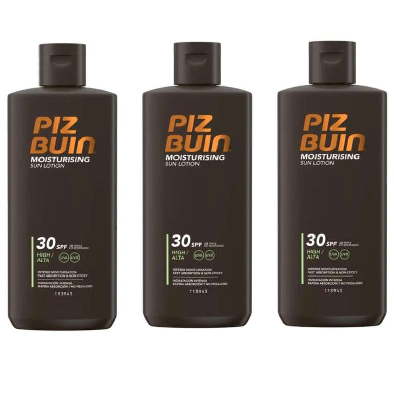 3 x Piz Buin Moisturising Sun Lotion 200ml, SPF30 Triple-Resistance Sunscreen with UVA/UVB Filters (£10.76 - £12.85 W/S&S)