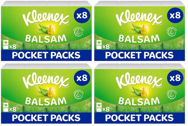 4 x Kleenex Balsam Pocket Tissues, 8 Pack (£1.02 Each) £3.80 / £3.21 with S&S
