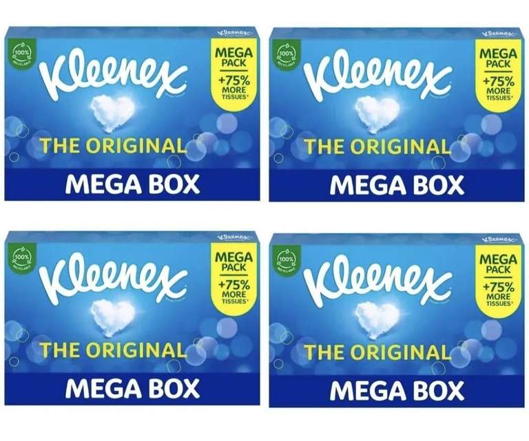 4 x Kleenex Original Facial Tissues Mega Pack - 3 ply Soft & Strong Facial Tissue, 112 Sheets - £5.20 / £4.40