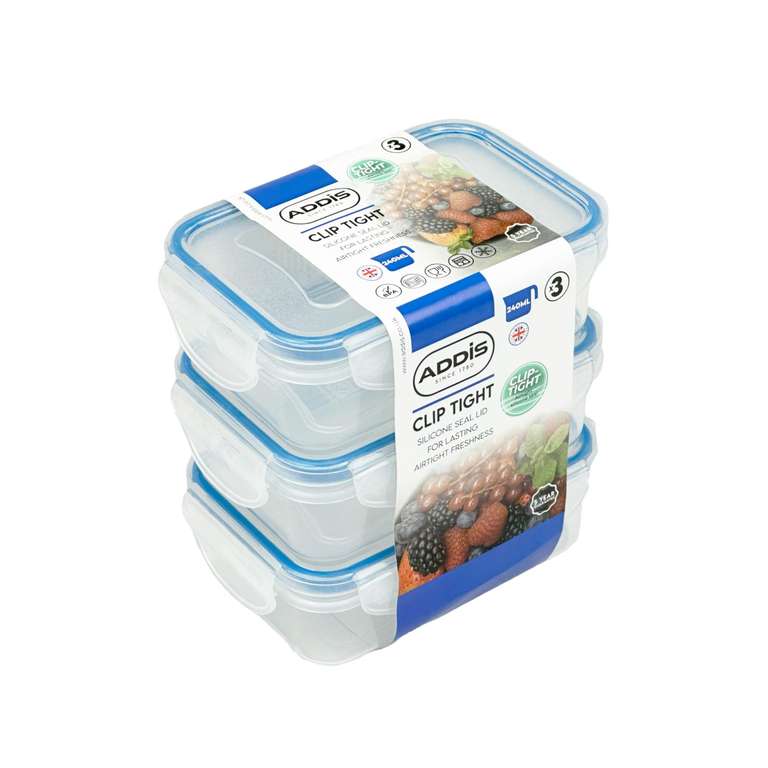 Addis Clip Tight Food Storage Containers 240 ml Rectangle Pack Of 3 Airtight, Bpa Free Easy Locking Lid Clips, Clear Transparent
