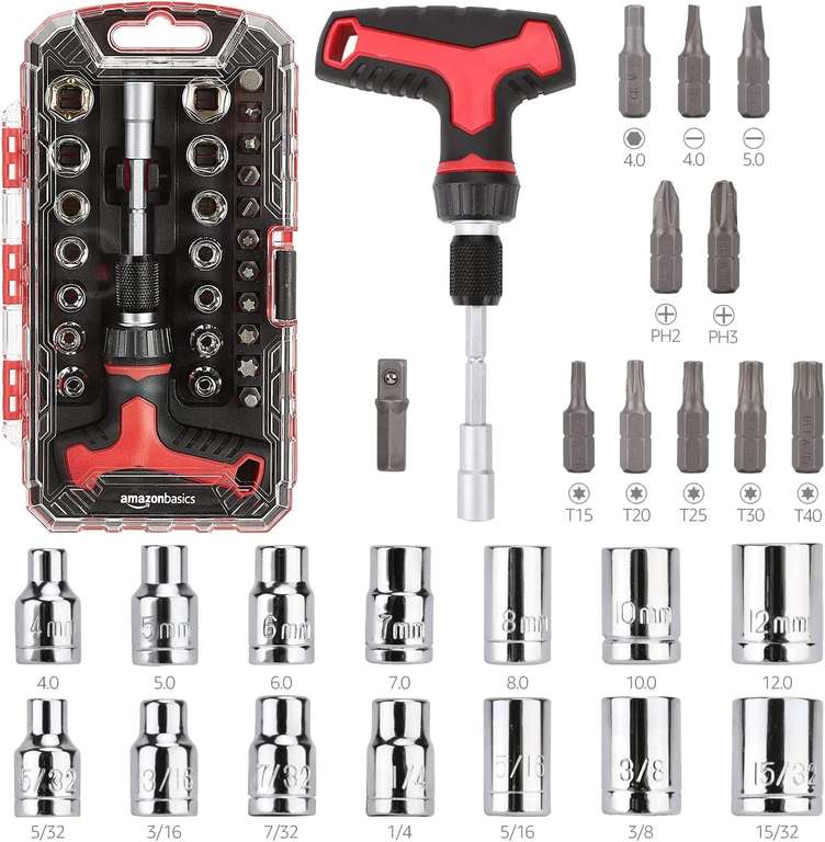 Amazon Basics 27-Piece Ratchet Screwdriver Set, Magnetic T-Handle, 3-Way Adjustable