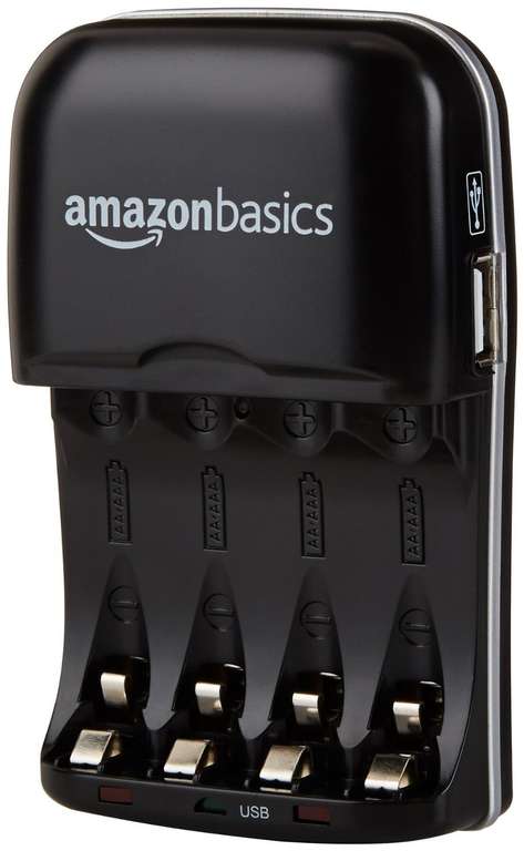 Amazon Basics 4 Slot Ni-MH AA & AAA Battery Charger With Indicator LEDs, With USB Port | Black