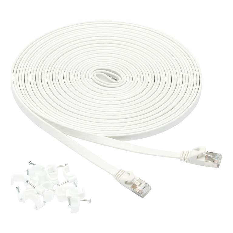 Amazon Basics Cat 7 Flat Ethernet Cable, 9.1 m (30ft), 600MHz Shielded, Snagless RJ45, with Nails for Easy Installation, White