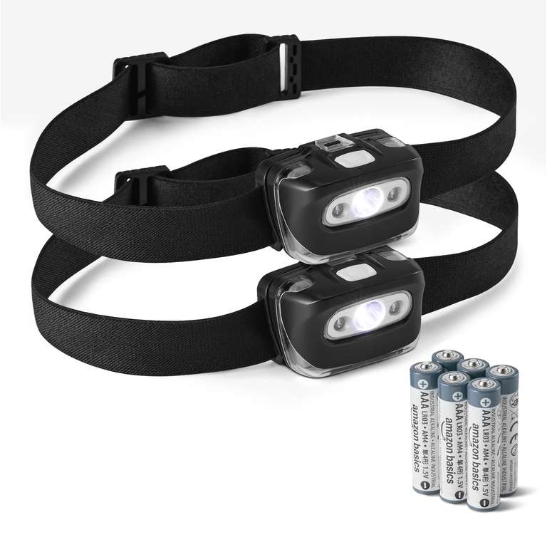 Amazon Basics LED Headlamp with 7 Light Modes, Adjustable Camping Headlight with Red Safety Light, Batteries Included, Black - 2 Pack