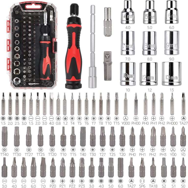 Amazon Basics Magnetic Ratcheting Wrench and Electronics Precision Screwdriver Set, 73 count, Black, Red, Silver