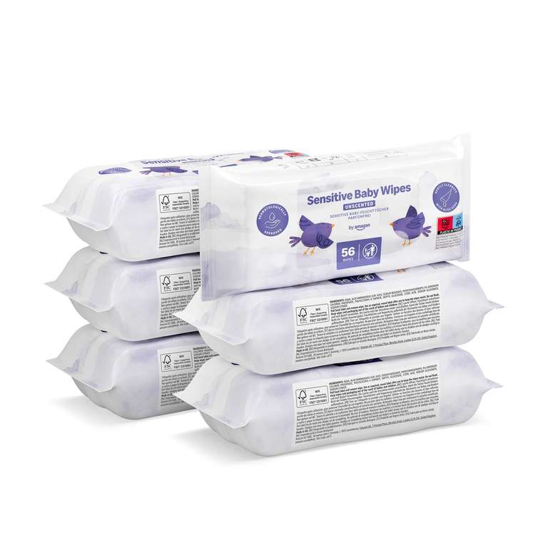Amazon Sensitive Baby Wipes, Unscented, 336 Wipes, Pack of 6 x 56