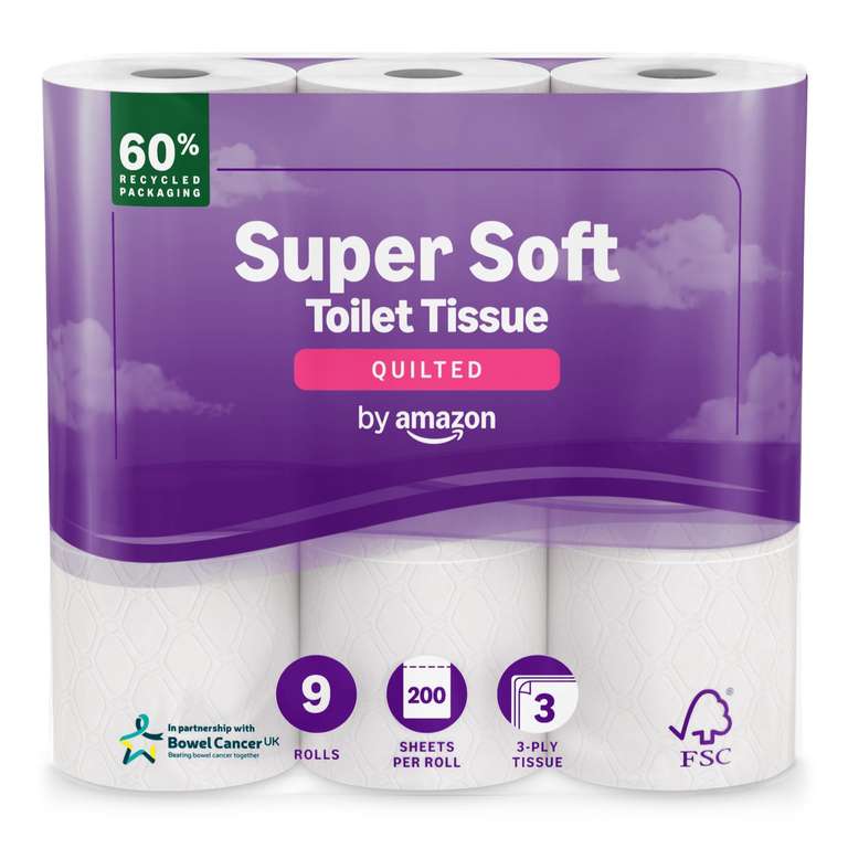Amazon Super Soft Toilet Tissue, 3-ply, 9 Rolls, 200 Sheets per Roll - £3.48 / £3.29 S&S
