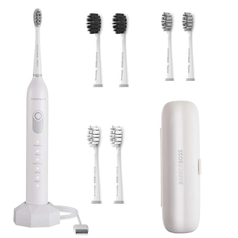 BarberBoss Electric Toothbrush, Sonic Toothbrush, 5 Brushing Modes, 6 Brush Heads, Pressure Sensor, Smart Timer, and Travel Case, White