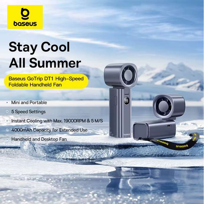 Baseus GoTrip DT1 Foldable High Speed Fan ( 4000mAh / 5 Speed / USB-C / Desktop Mode ) - £13.62(new accounts) w/code -@BASEUS Official Store