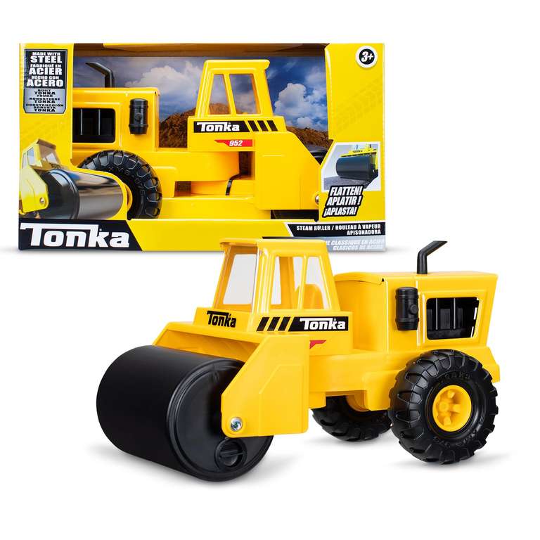 Basic Fun Tonka Steel Steam Roller, Durable Real Steel Construction, Yellow Demolition Toy with Realistic Action, Ages 3+