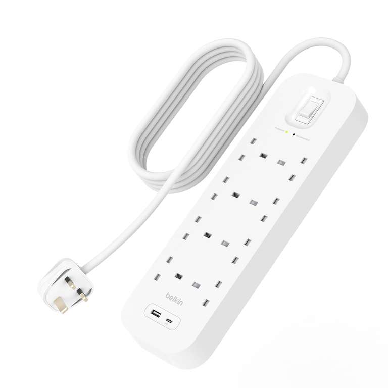Belkin 8-Outlet Surge Protector Power Strip, 8 AC Outlets, 2M Cord - USB-C Port & USB-A Port w/USB-C PD Fast Charging