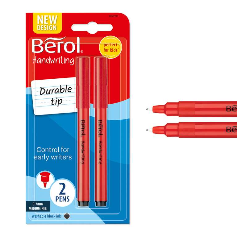 Berol Handwriting Pens | Round Shape is Easy to Hold | Washable Black Ink | Bright Barrels | 2 Count
