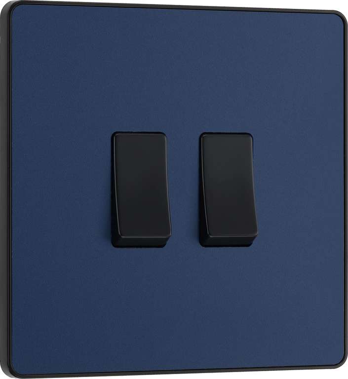 BG Electrical Double Wall Light Switch, 2 Way, Screwless Front Plate, Matt Blue / Black Chrome - 20A, 16AX, PCDDB42B