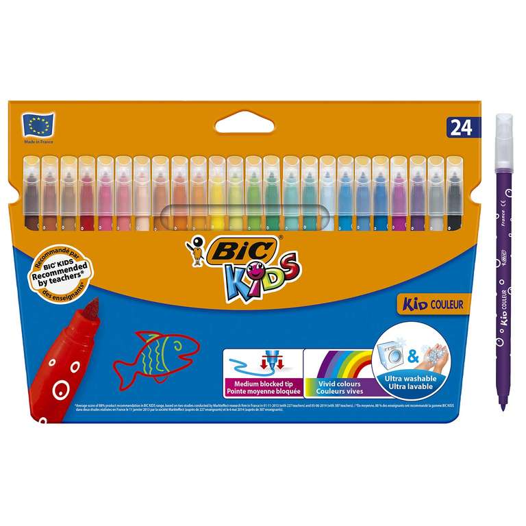 BIC Kids Felt Tip Pens, Kid Colour with Medium Blocked Tip, 24 Pack