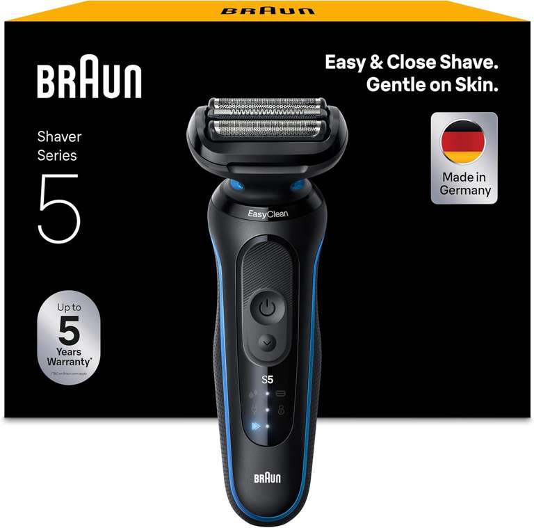 Braun Series 5 51-B1000s Men's Electric Shaver, EasyClean Wet & Dry, Rechargeable, Blue
