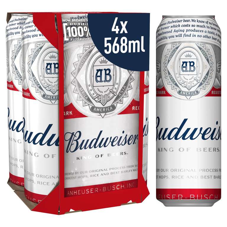 Budweiser Beer, 4 x 568ml Cans - Sold/Shipped by Co-op Blackfen