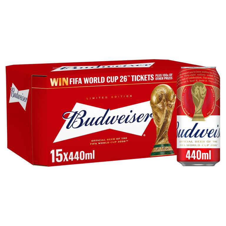 Budweiser Lager Beer Can, 10 x 440ml + Budweiser Jersey Red Vintage Fit Shirt Bundle (S/M/L/XL)
